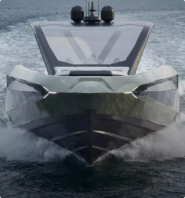 Front view yacht rendering cutting through water with sharp geometric bow and splash