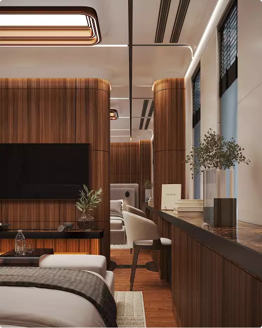Yacht interior rendering cabin with wood panels desk seating and soft lighting design
