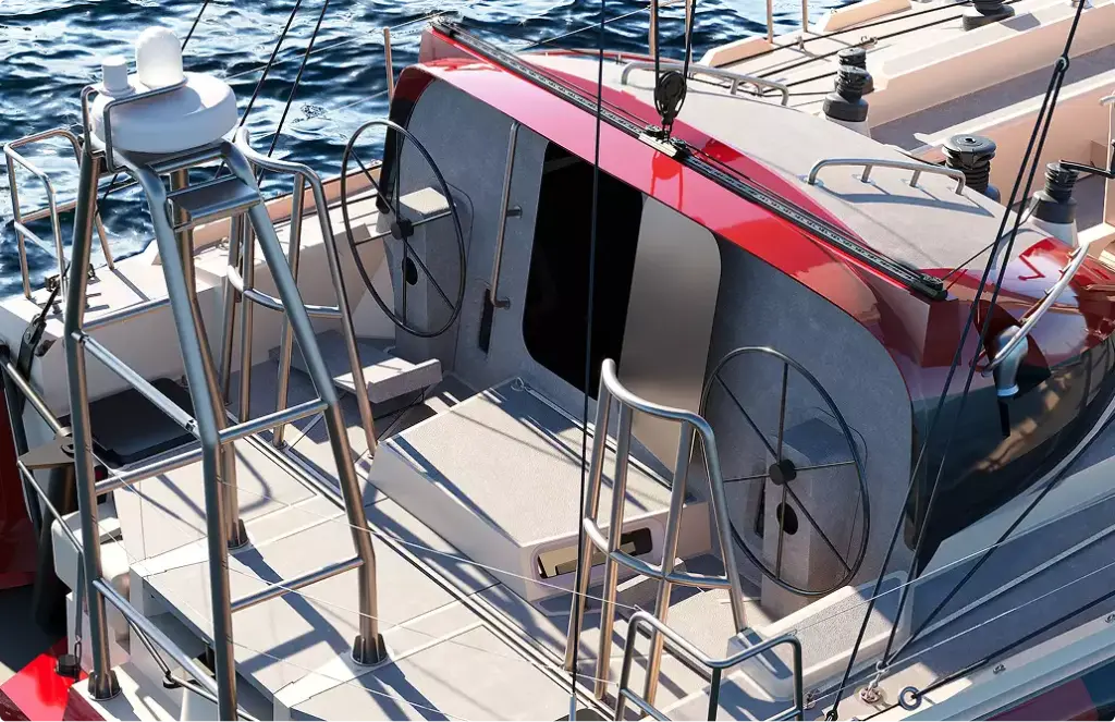 Sailing yacht rendering cockpit close up with steering wheels rigging and deck details
