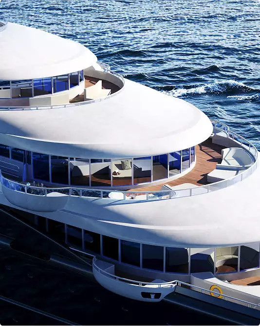 Close up yacht rendering of curved decks with glass windows and ocean water surrounding hull