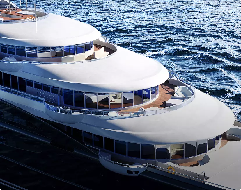 Close up yacht rendering of curved upper decks with glass windows and ocean waves beside hull