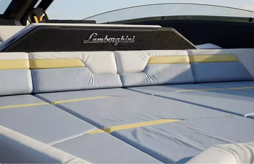 Yacht seating rendering with white cushions and branded backrest on open deck