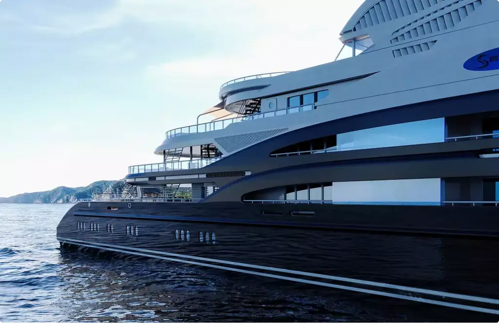 Luxury yacht rendering side detail with black hull windows and layered decks on calm sea