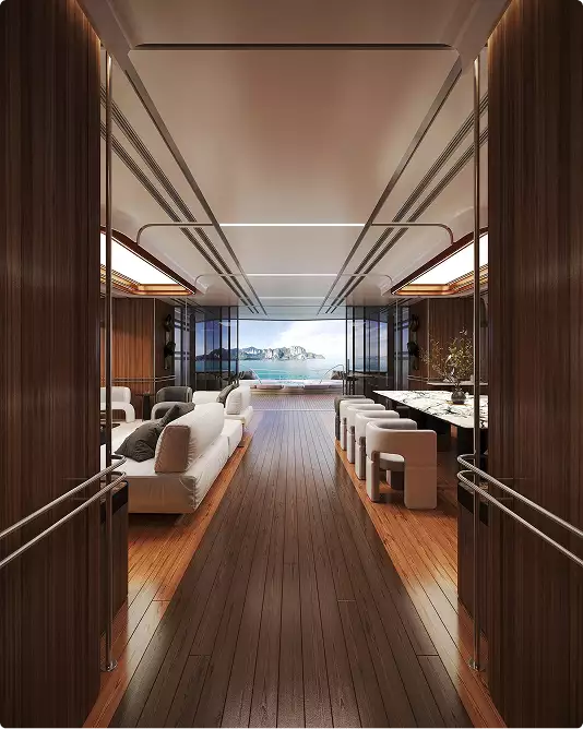 Yacht interior rendering corridor lounge with wood floors seating and ocean view at end
