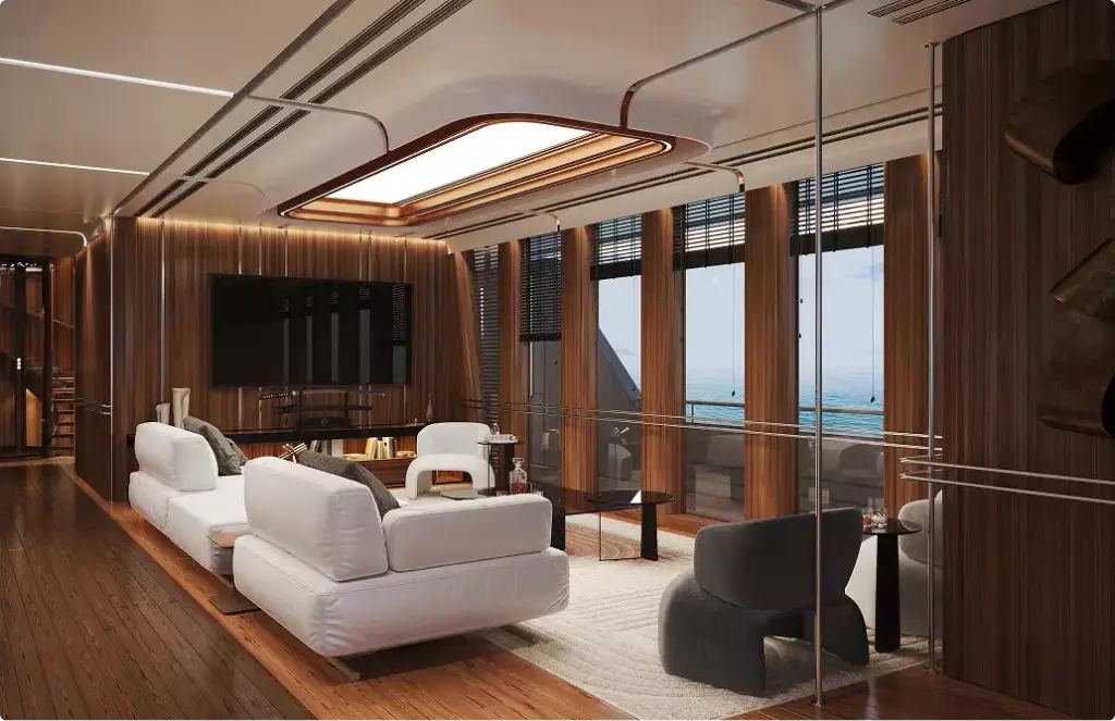 Yacht interior rendering living room with sofas wood panels large windows and sea view