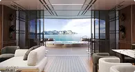 Yacht interior rendering lounge with open sea view seating and wide glass panels