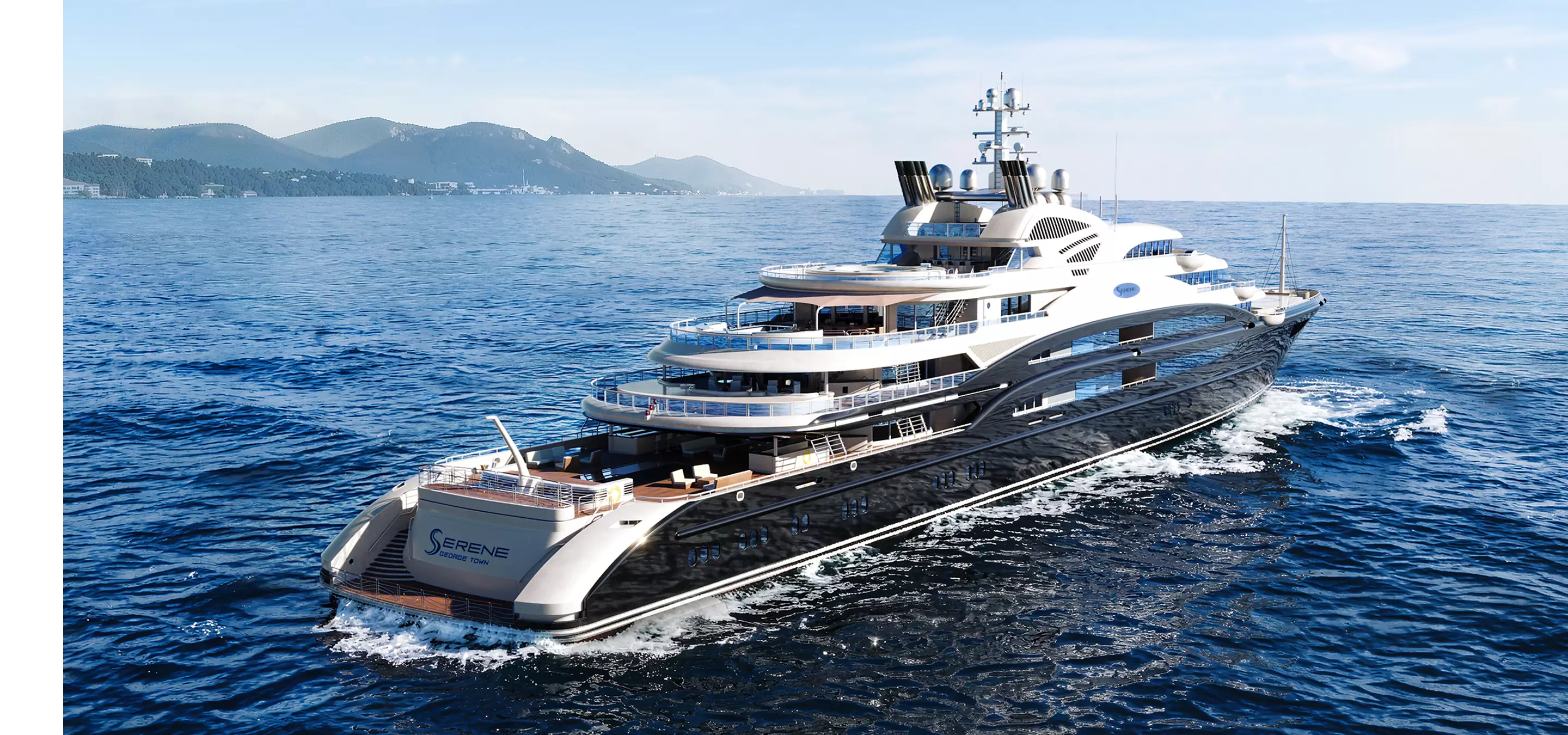 Luxury yacht rendering cruising calm ocean with layered decks and distant hills