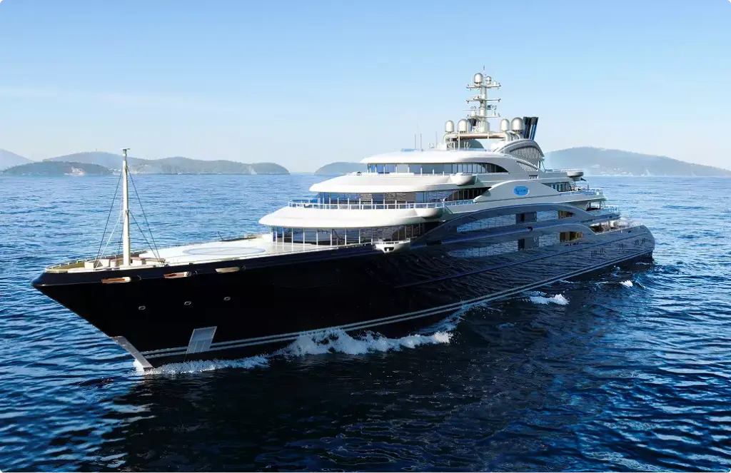 Luxury yacht rendering side profile on calm sea with black hull and layered upper decks