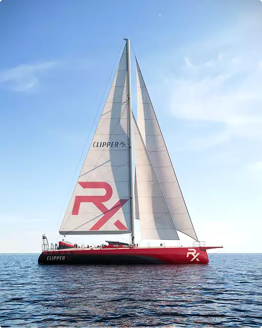 Sailing yacht rendering full side view with tall white sails and red hull on open water