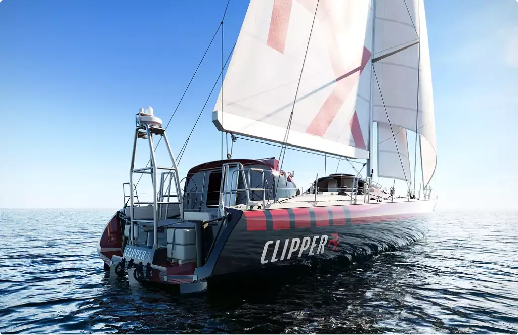 Sailing yacht rendering stern view on calm sea with sails raised and deck equipment visible