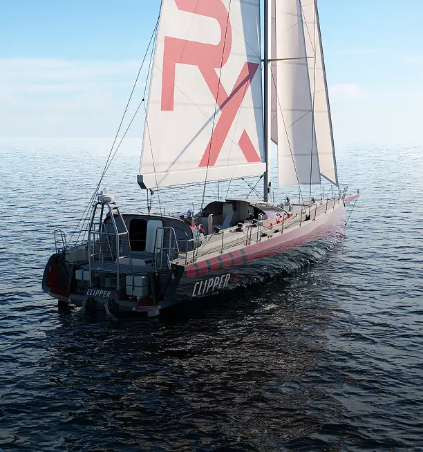 Sailing yacht rendering with large sails on calm water and visible stern deck area