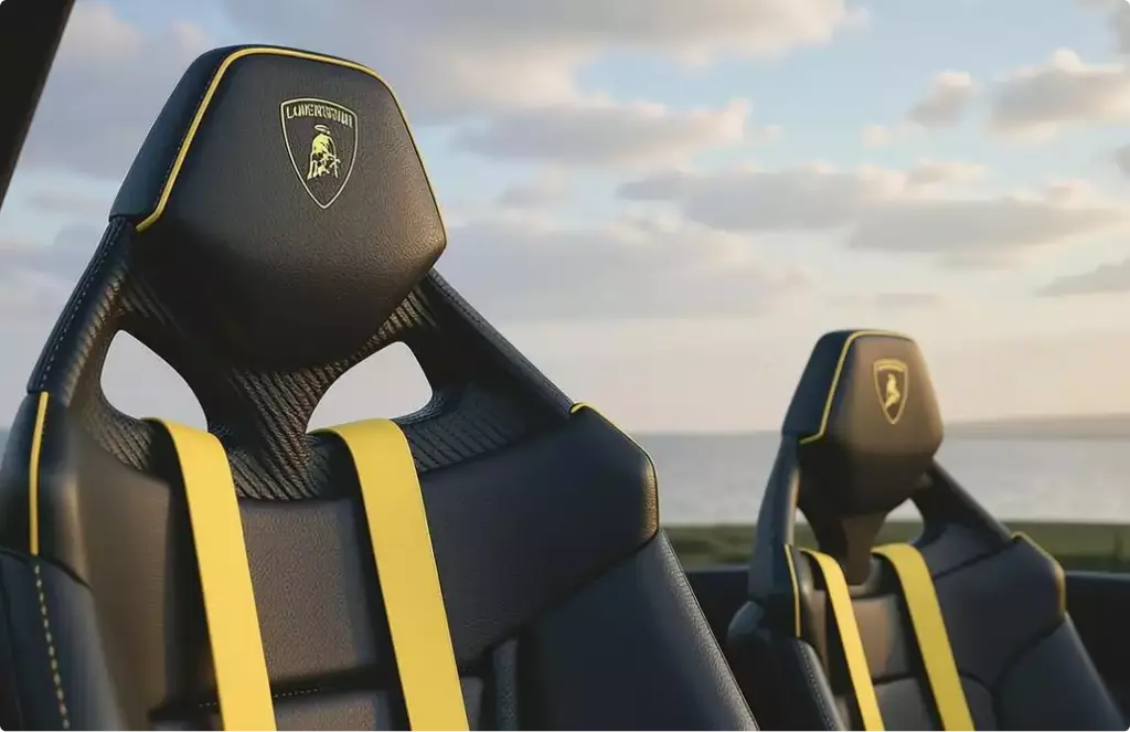 Luxury yacht rendering seats with black leather and yellow accents facing open sea horizon