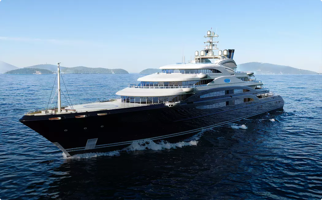 Modern yacht rendering side view on calm sea with black hull and layered upper decks