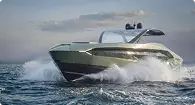 Speedboat yacht rendering cutting through waves with spray and sharp angular hull