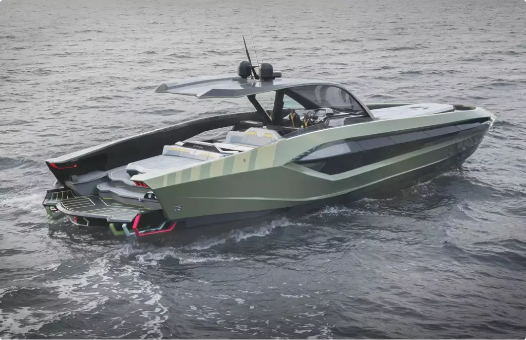 Modern speedboat yacht rendering on water with angular design and rear platform details