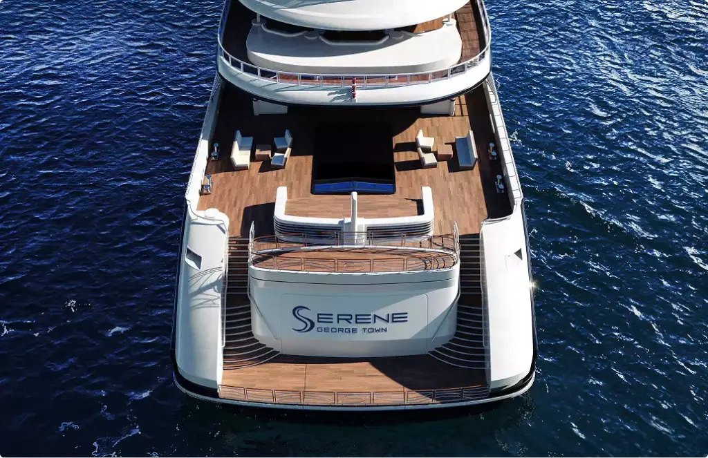Superyacht stern yacht rendering with seating area wooden deck and open sea behind