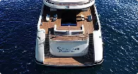Superyacht stern yacht rendering with seating area and swim platform above water