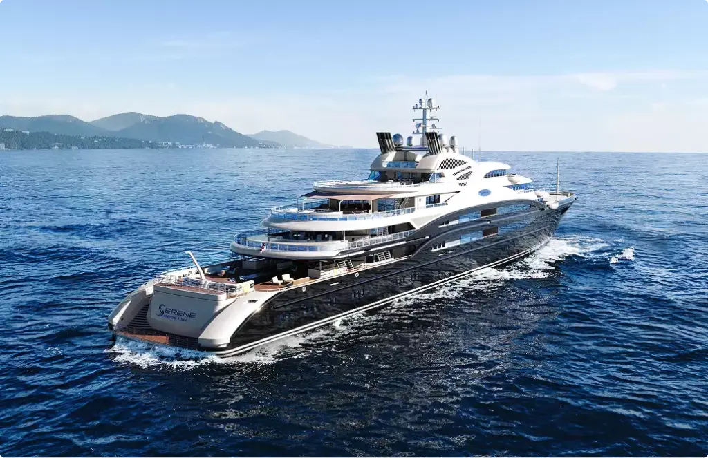 Luxury superyacht rendering cruising near coastline with layered decks and distant hills
