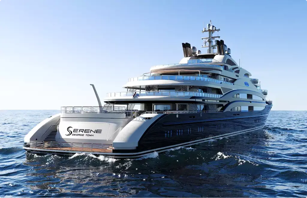 Superyacht stern yacht rendering cruising on open water with terraces and rear deck view