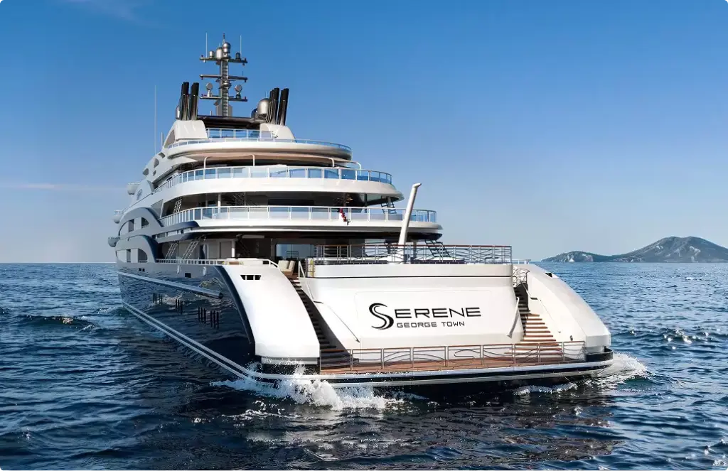 Superyacht stern yacht rendering cruising on ocean with multi deck terraces and wake behind
