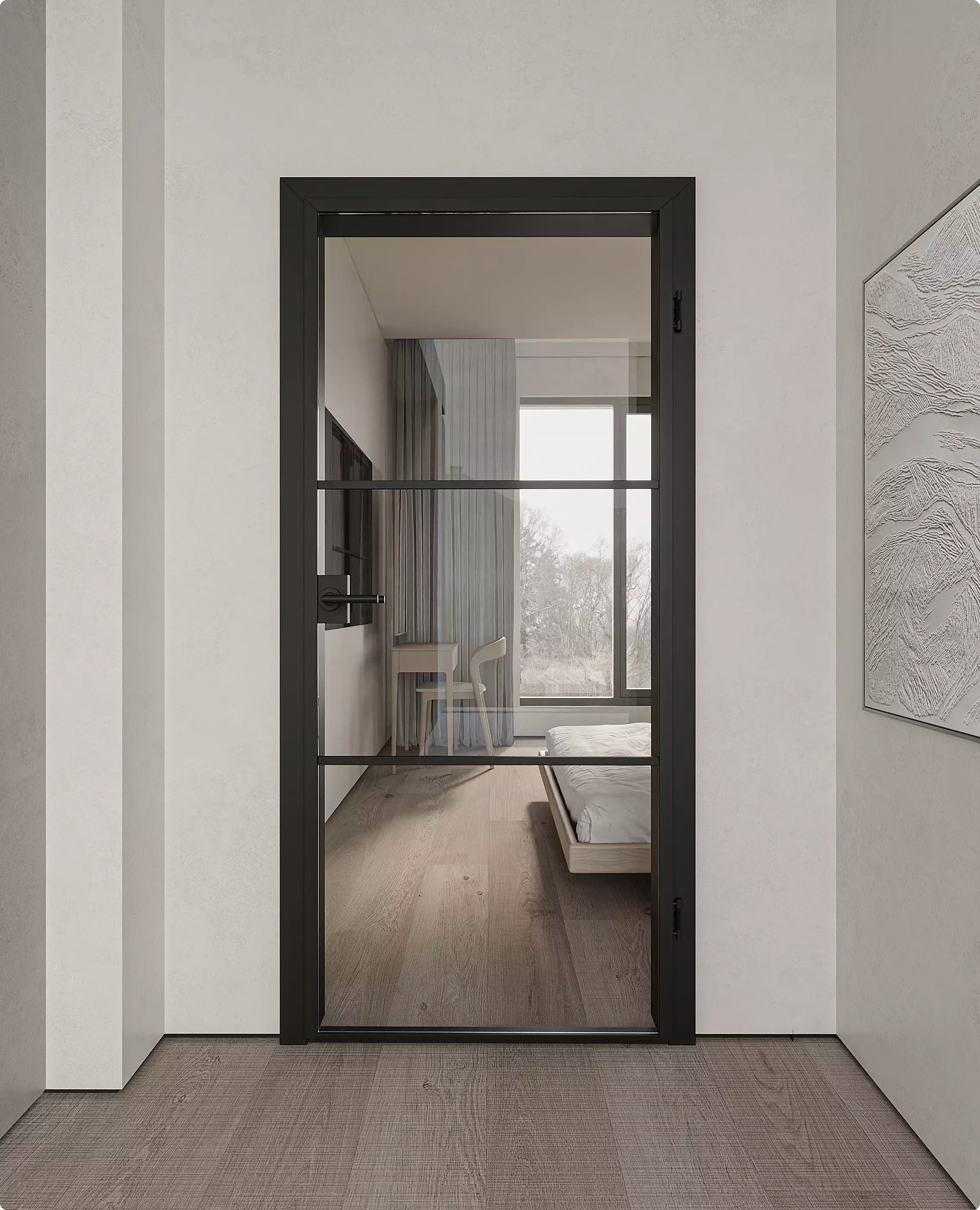 3D door renders of black framed glass interior door in a modern minimalist bedroom