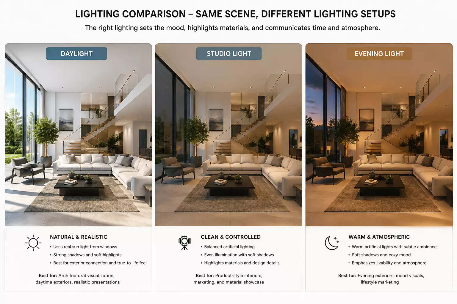 3D Rendering Process Step by Step Lighting setup in 3D rendering — studio lights, sun position and reflections shaping the scene