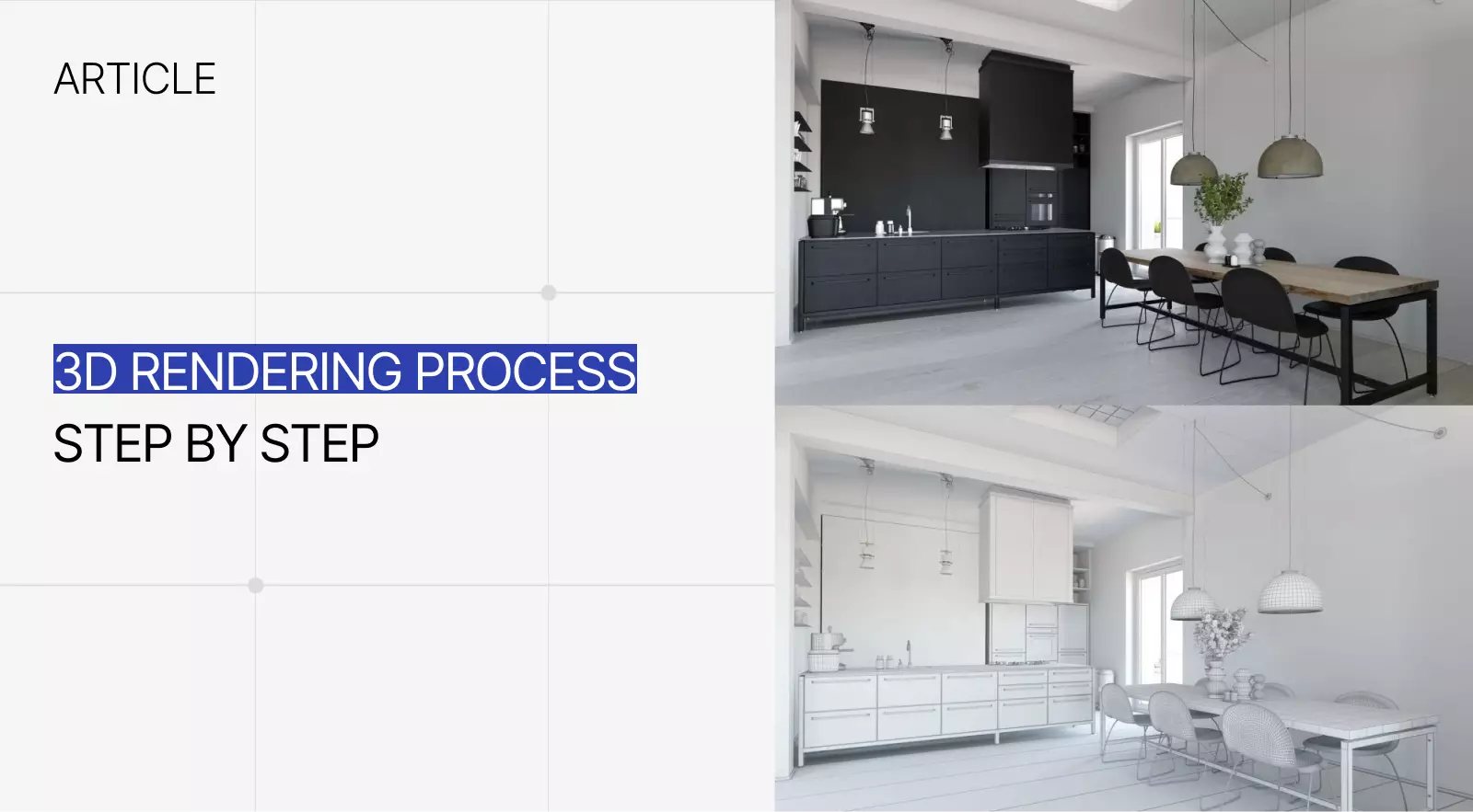 Step-by-step 3D rendering process showing modeling, materials, lighting and post-production stages