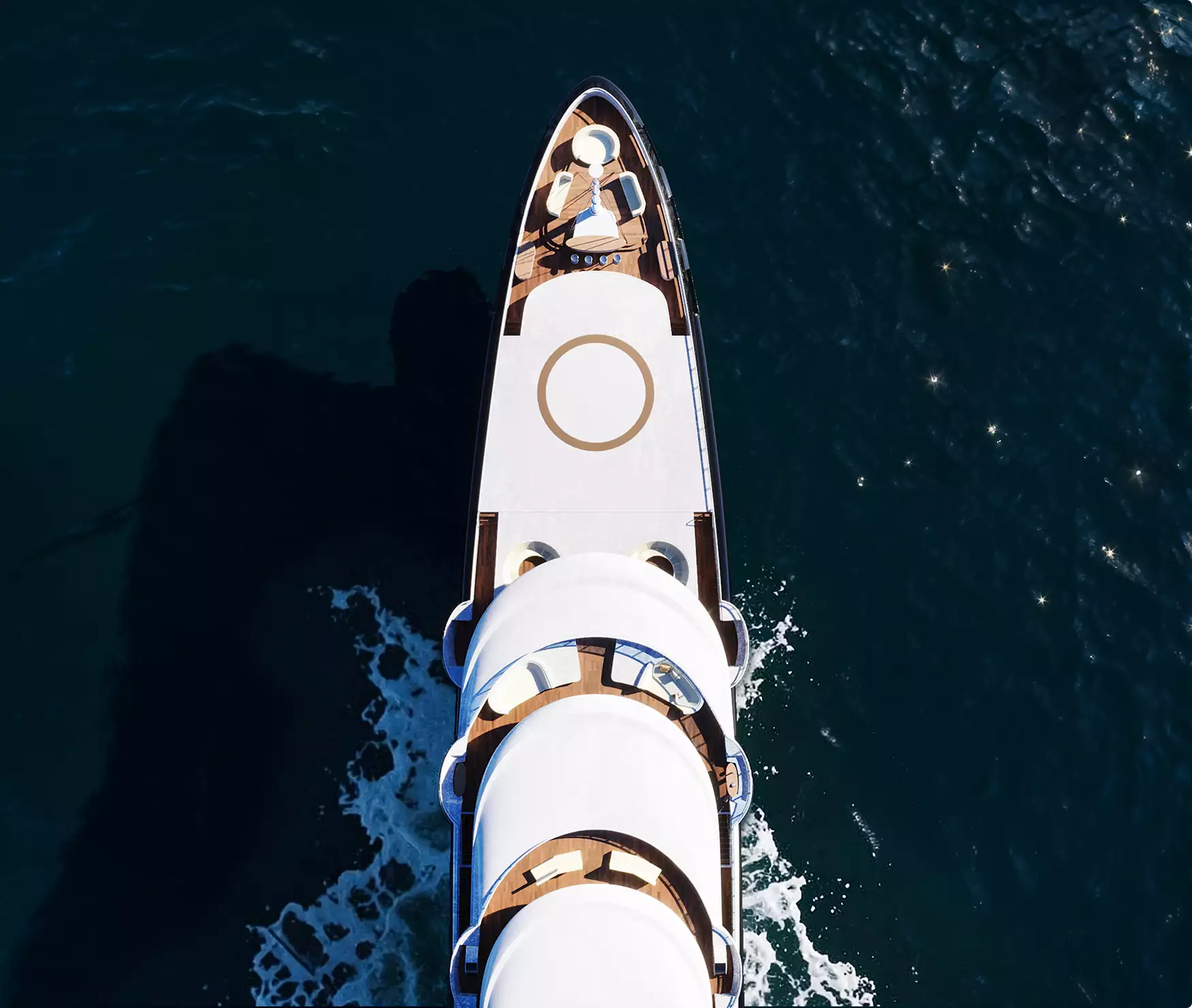 3D yacht visualization with top down aerial view of a yacht moving across dark ocean water