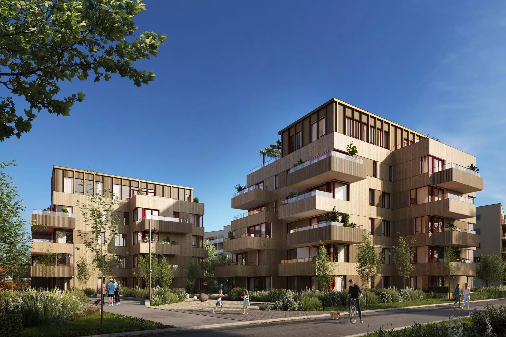 Top Architectural Animation Studios for Real Estate Marketing in 2026 Architectural animation studios render of timber apartment buildings with balconies