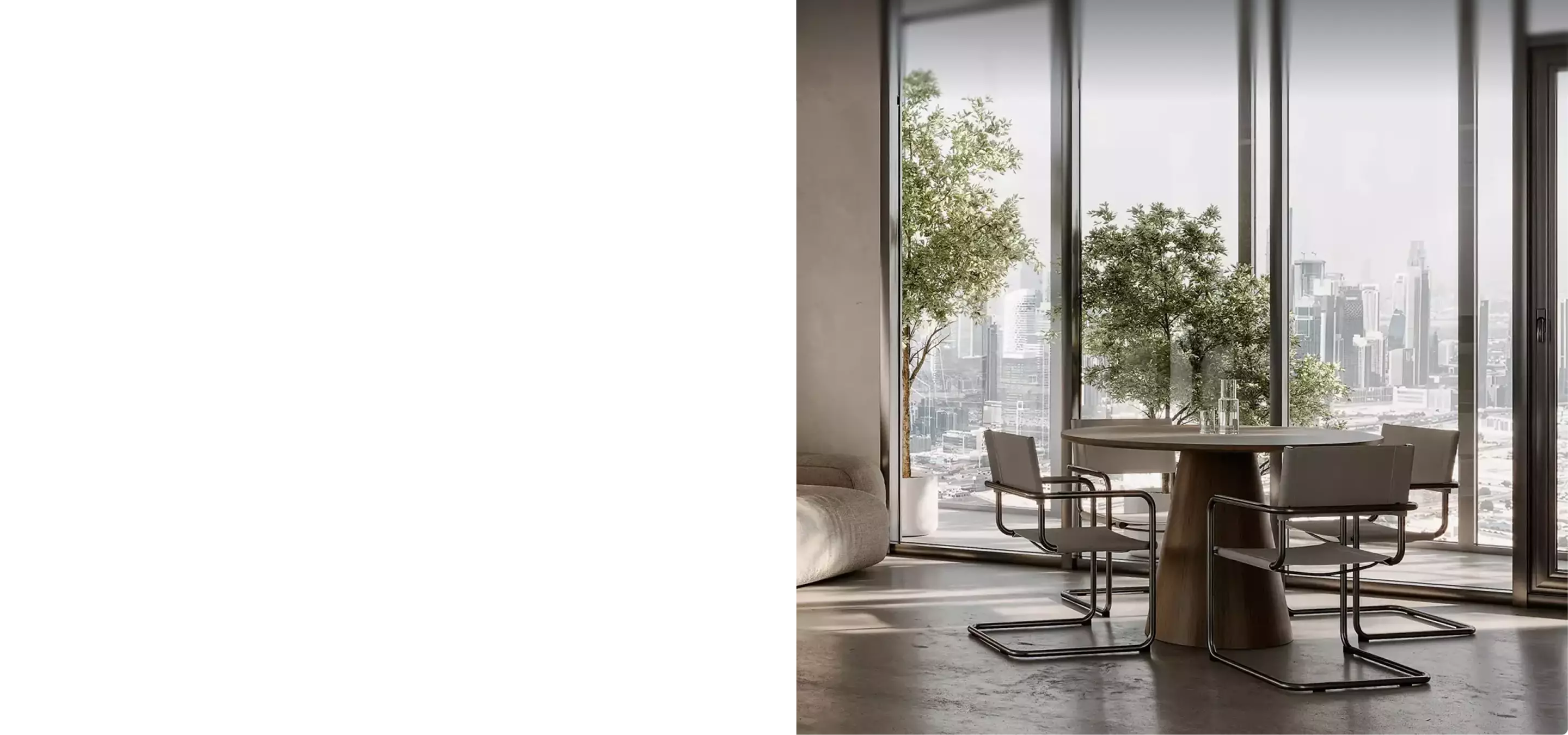 Modern dining area architectural rendering with round table, chairs, and city skyline through large windows