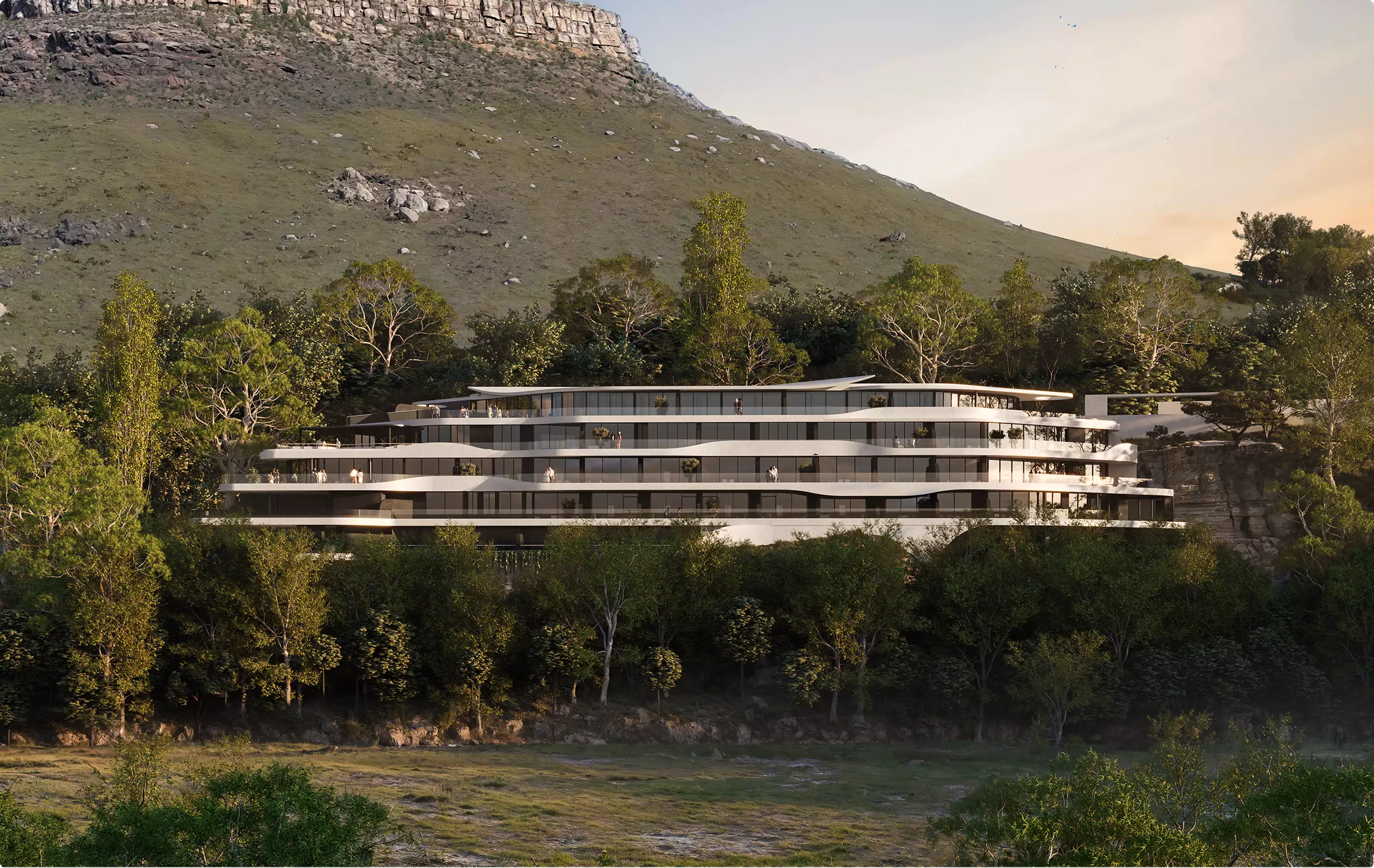 Architectural Rendering Process: 7 Key Stages for Better Project Visualization Terraced modern building in forest hillside setting with curved balconies, Architectural Rendering Process