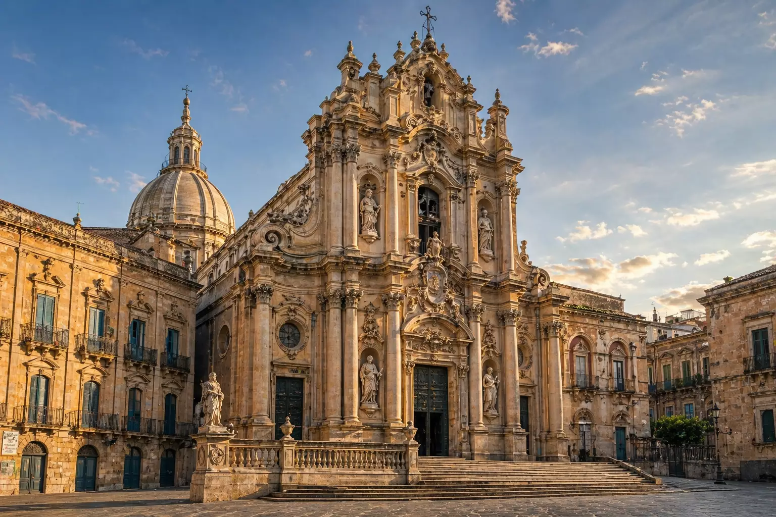 Elaborate baroque cathedral facade with statues at sunset, Baroque Architecture