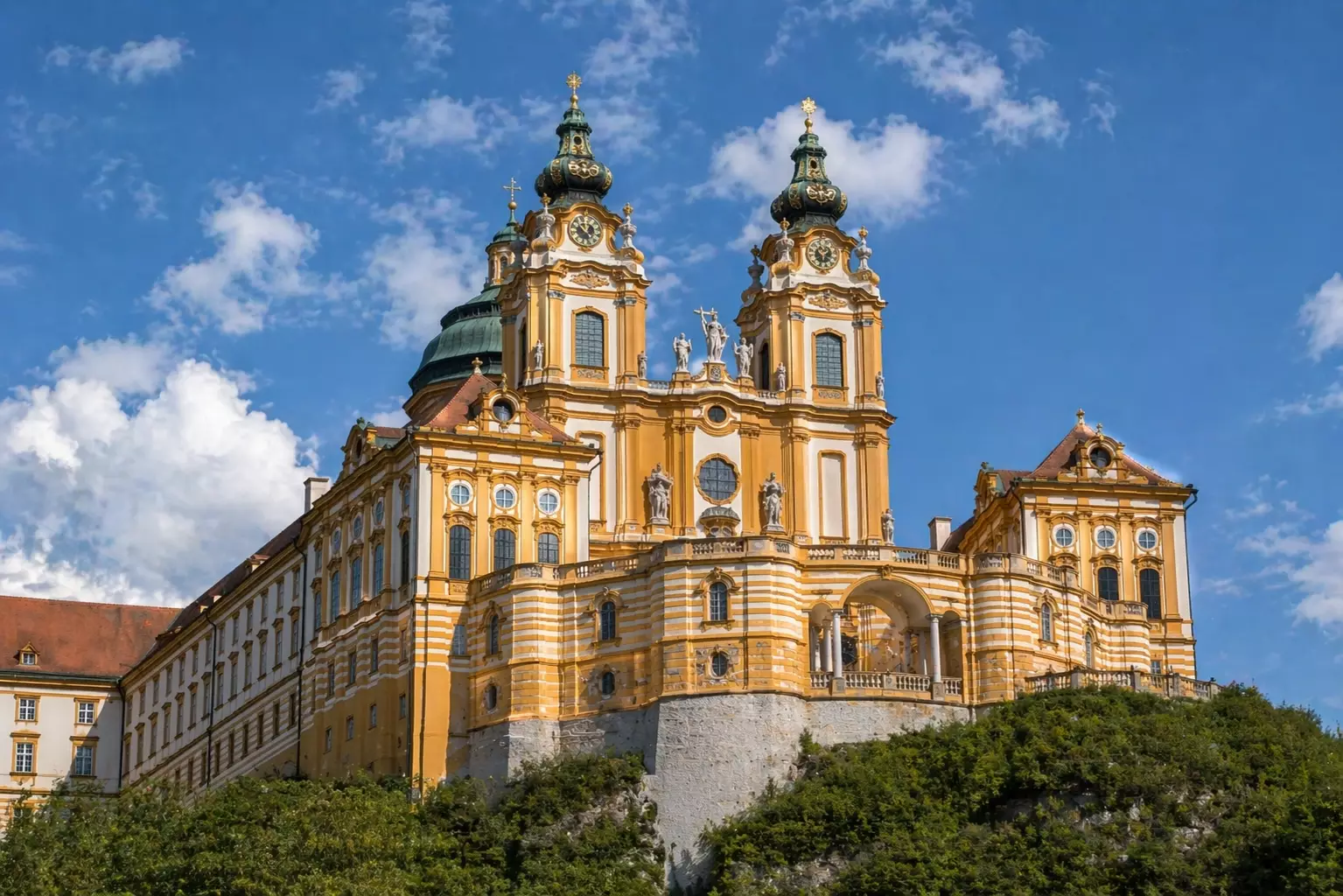 Baroque church with colorful dome and twin towers in town, Baroque Architecture