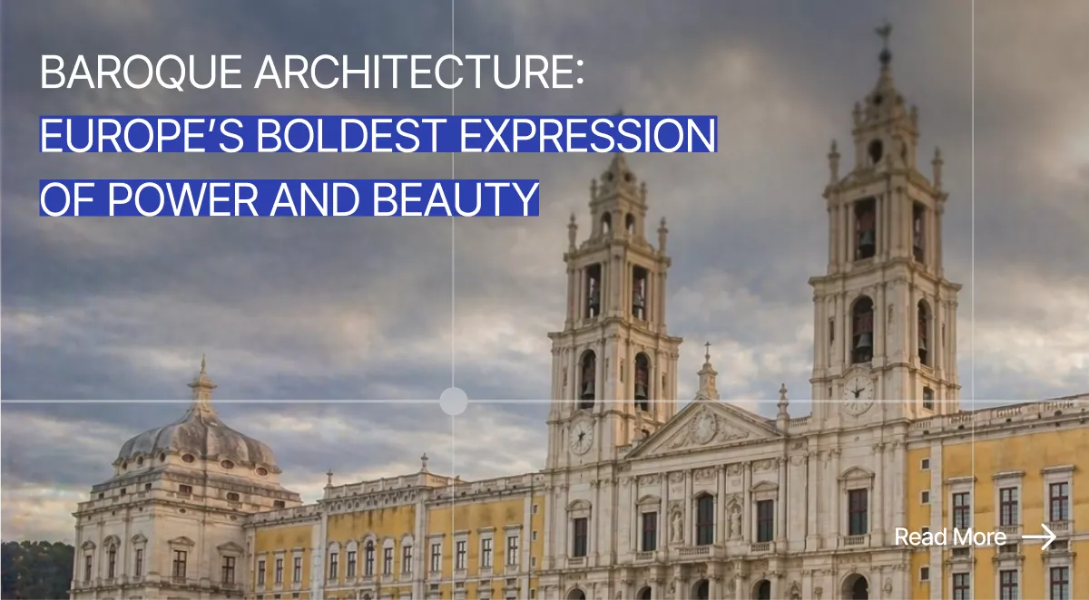 Mafra National Palace used as a Baroque architecture banner with text about power and beauty