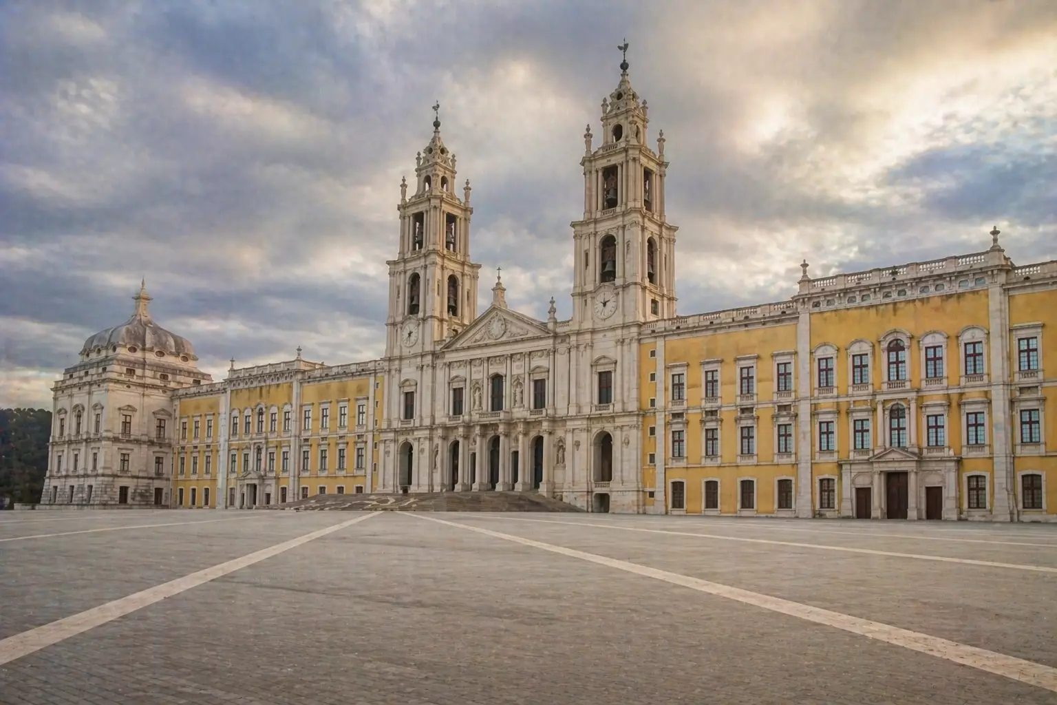 Baroque palace with twin towers and large square under cloudy sky, Baroque Architecture