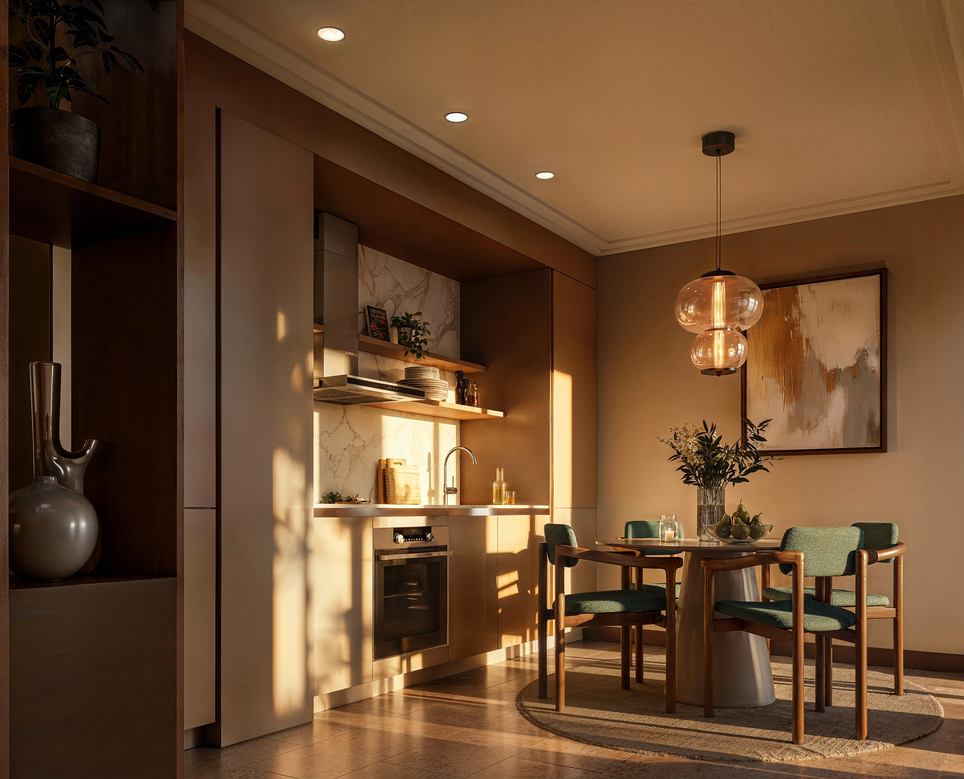 Best 3D Interior Rendering Companies in 2026 Warm modern kitchen and dining area at sunset with wood finishes and soft lighting