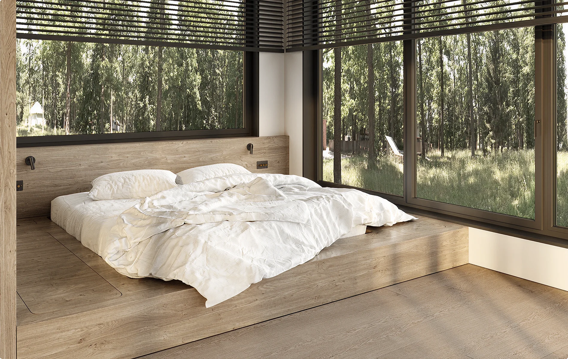 Minimal rendered bedroom with low bed and forest view windows