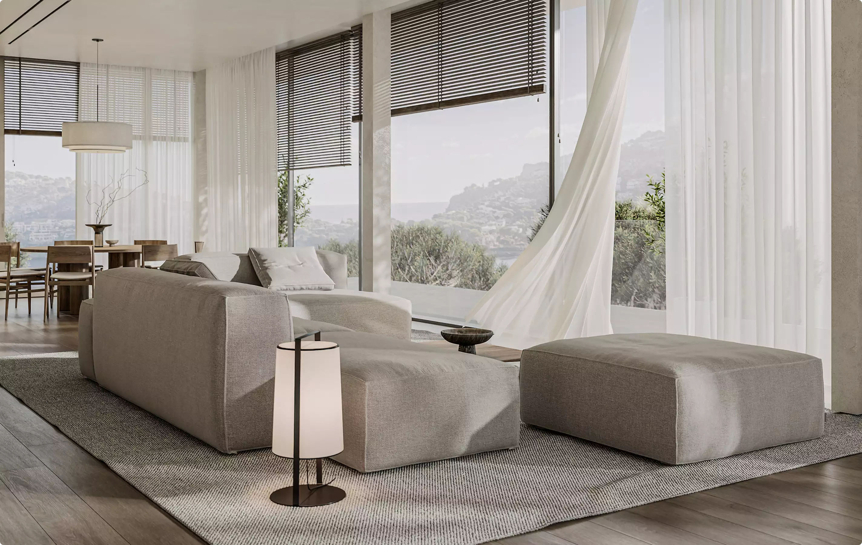 Bright rendered living room with large windows, sofa, and natural daylight