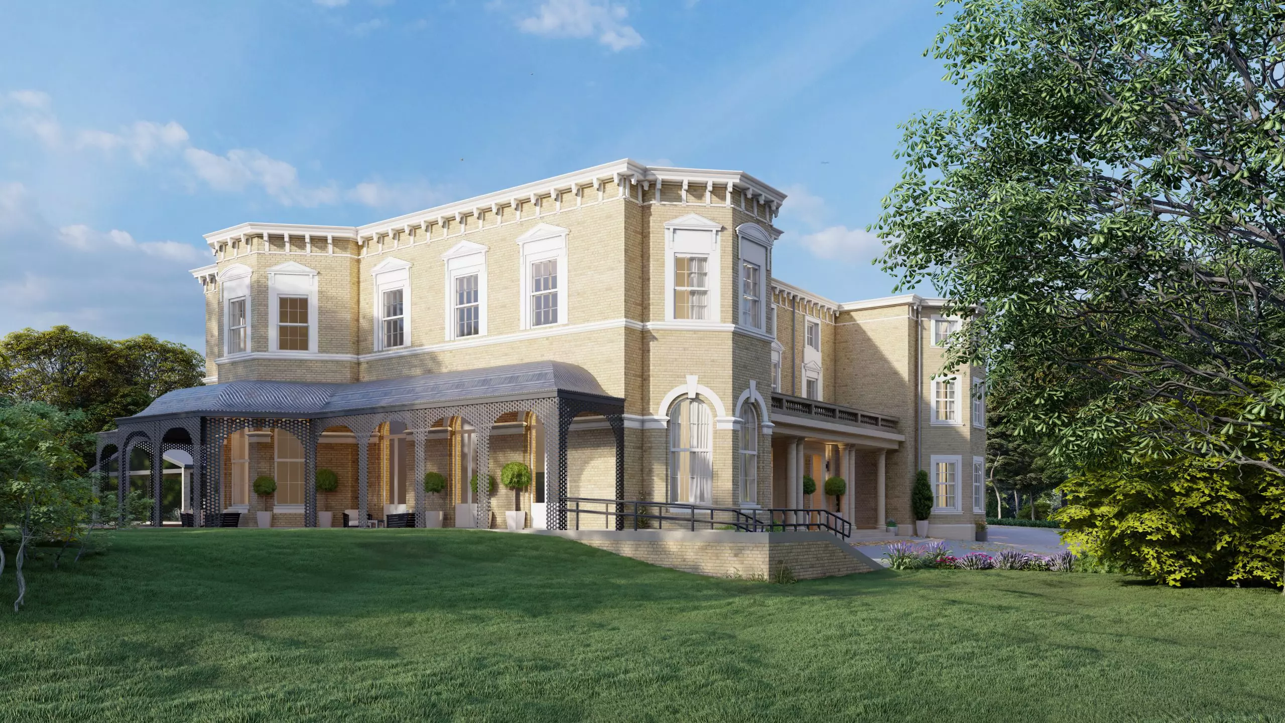Classic mansion with lawn and trees in daylight, best real estate CGI companies for property developers in 2026