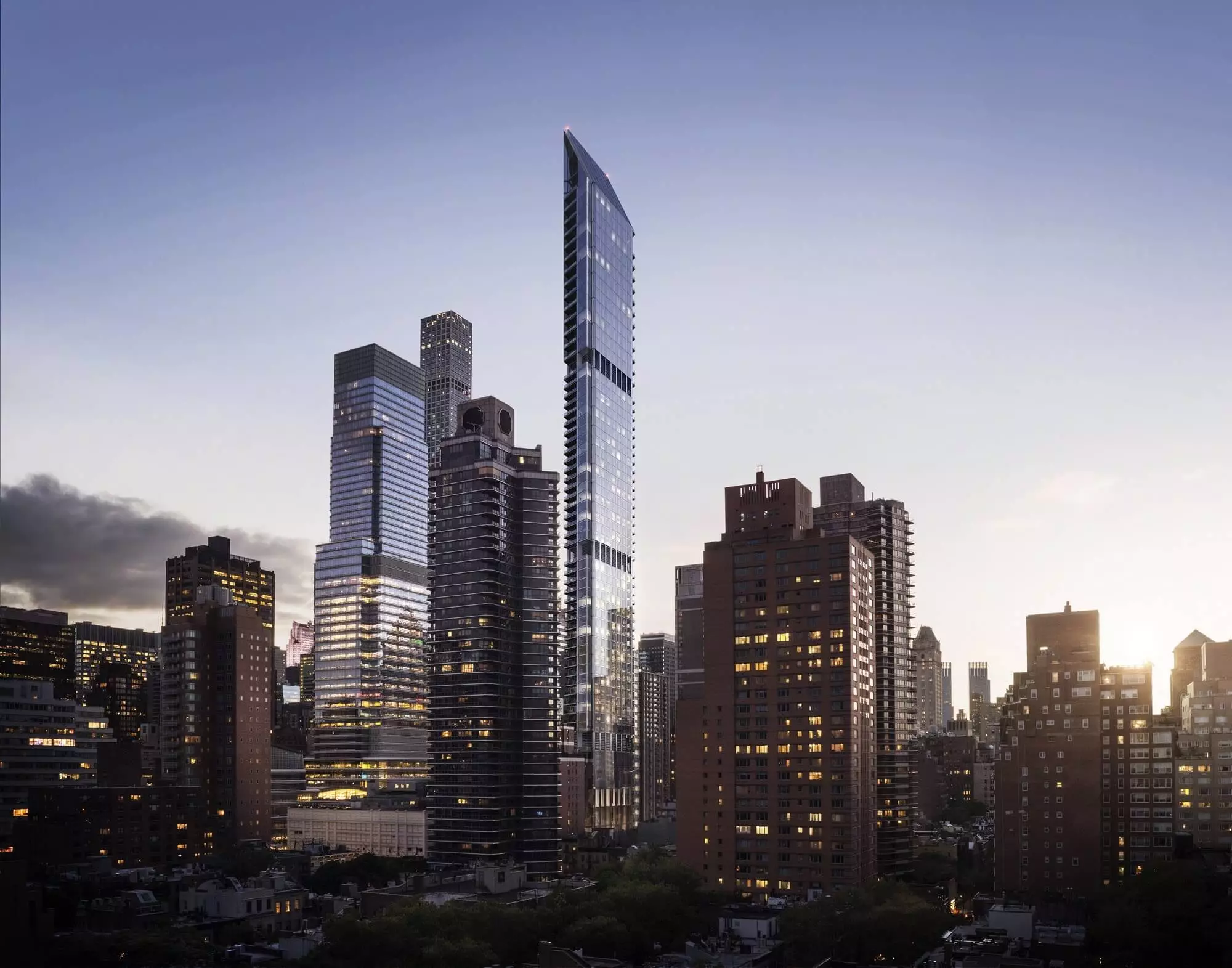 Modern glass skyscraper in a city at dusk, real estate rendering for high-rise property marketing