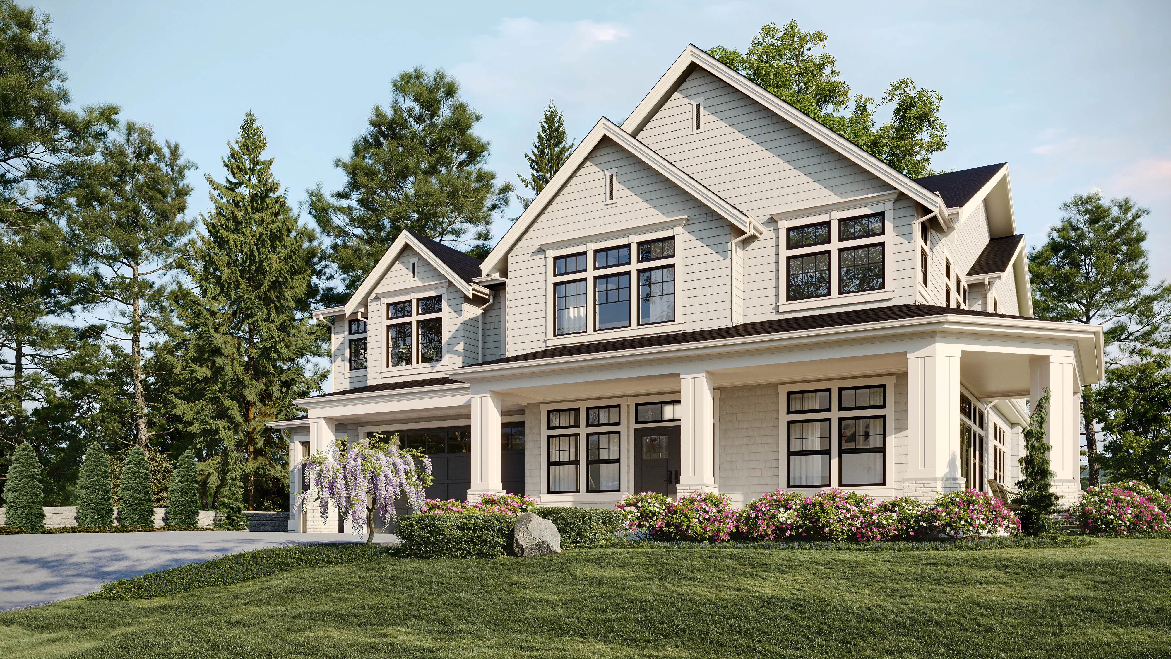 Suburban house exterior with landscaped garden, 3D residential rendering for real estate developers