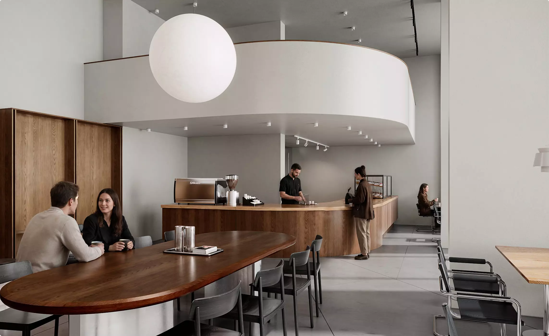 Cafe interior 3D rendering with people near curved coffee counter and seating area
