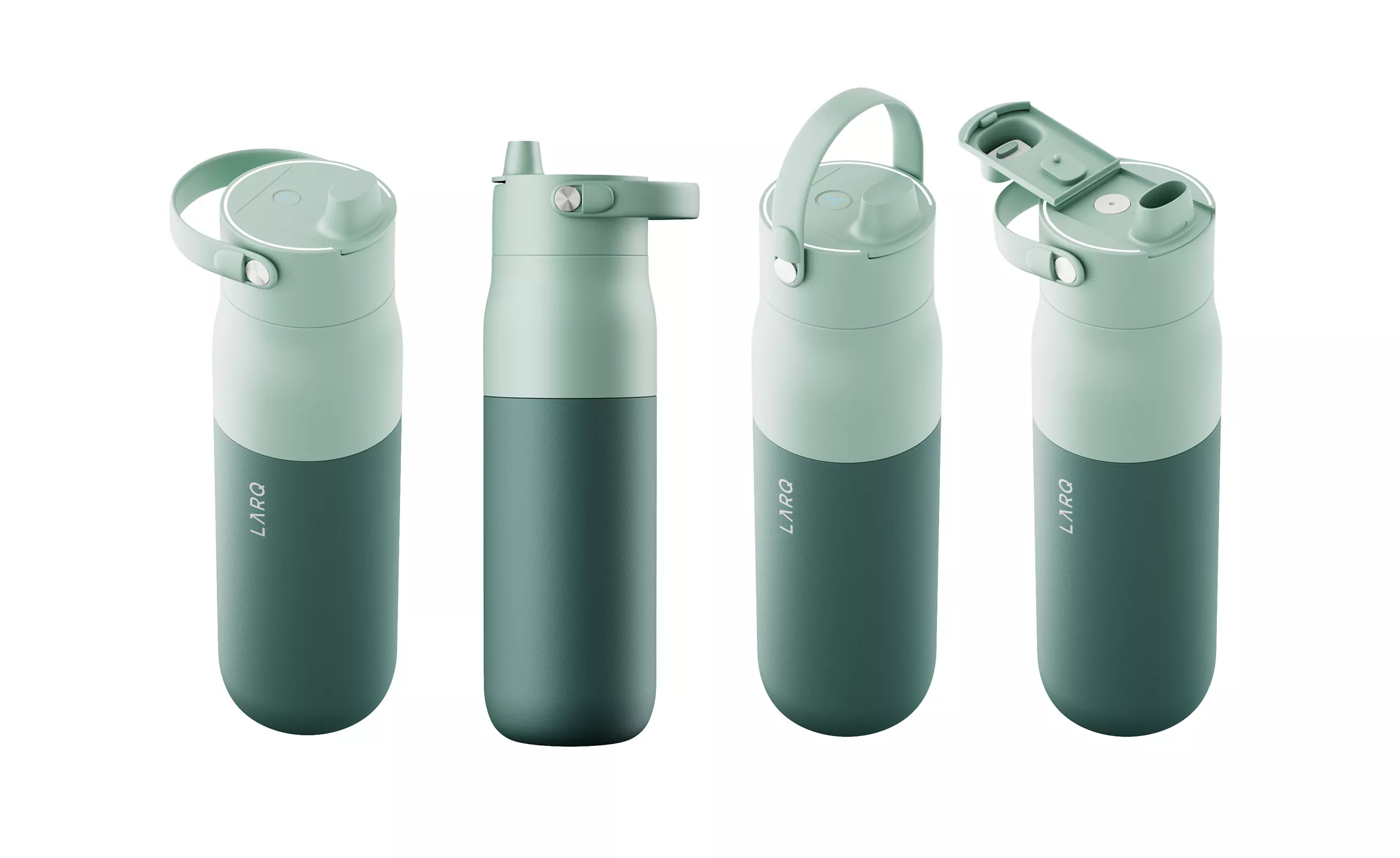 CGI campaign visuals for LARQ bottle showing multiple straw lid positions and carry handle