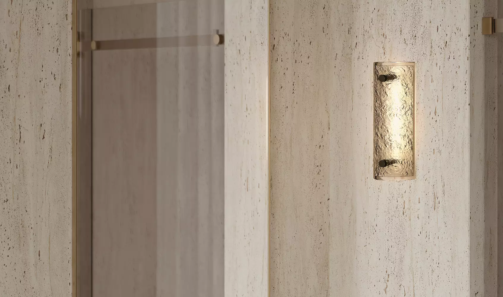 Textured glass wall lamp mounted in bathroom interior, decorative lamp CGI visuals.