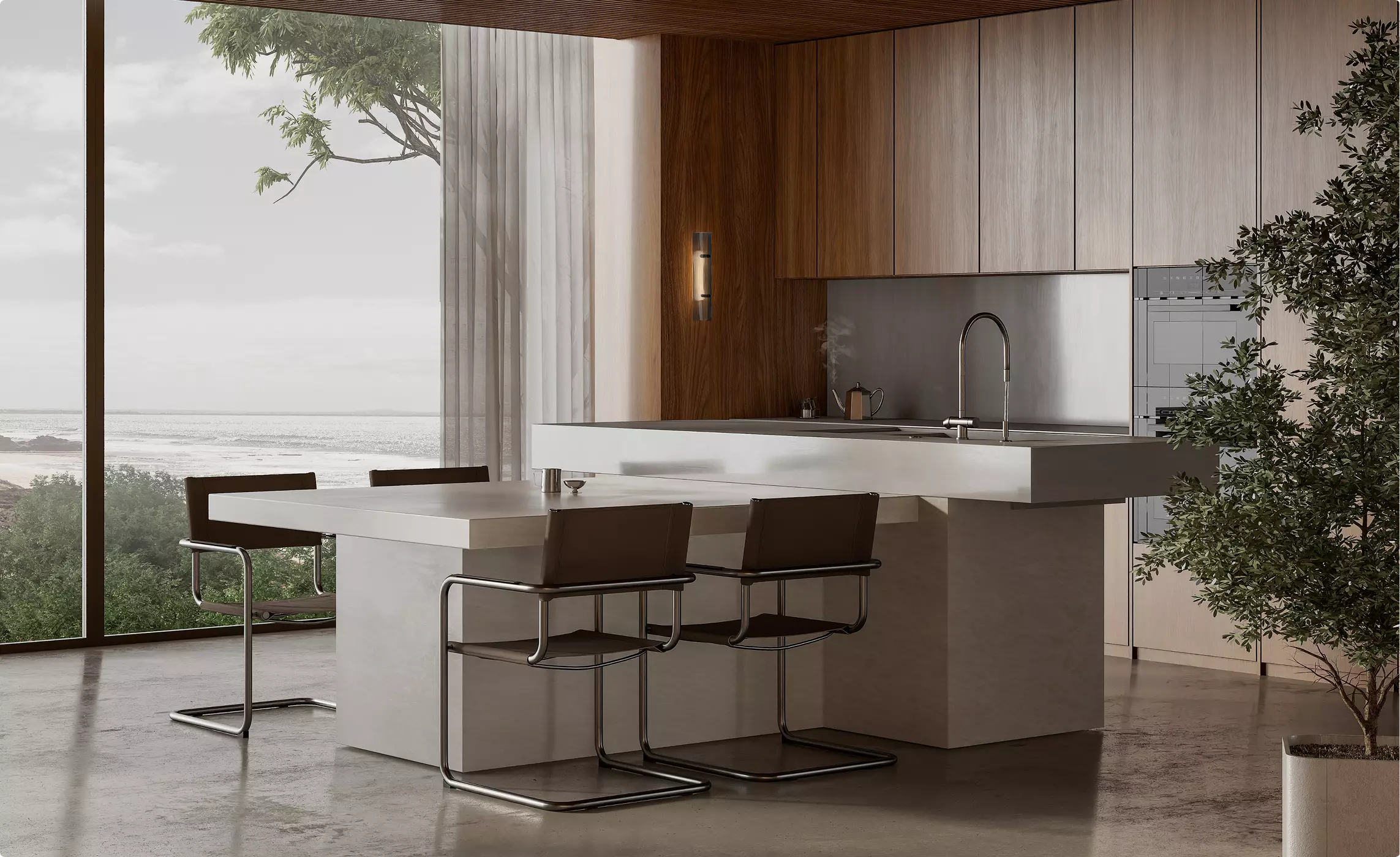 Wide contemporary kitchen featuring illuminated wall fixture, decorative lighting CGI visualization.