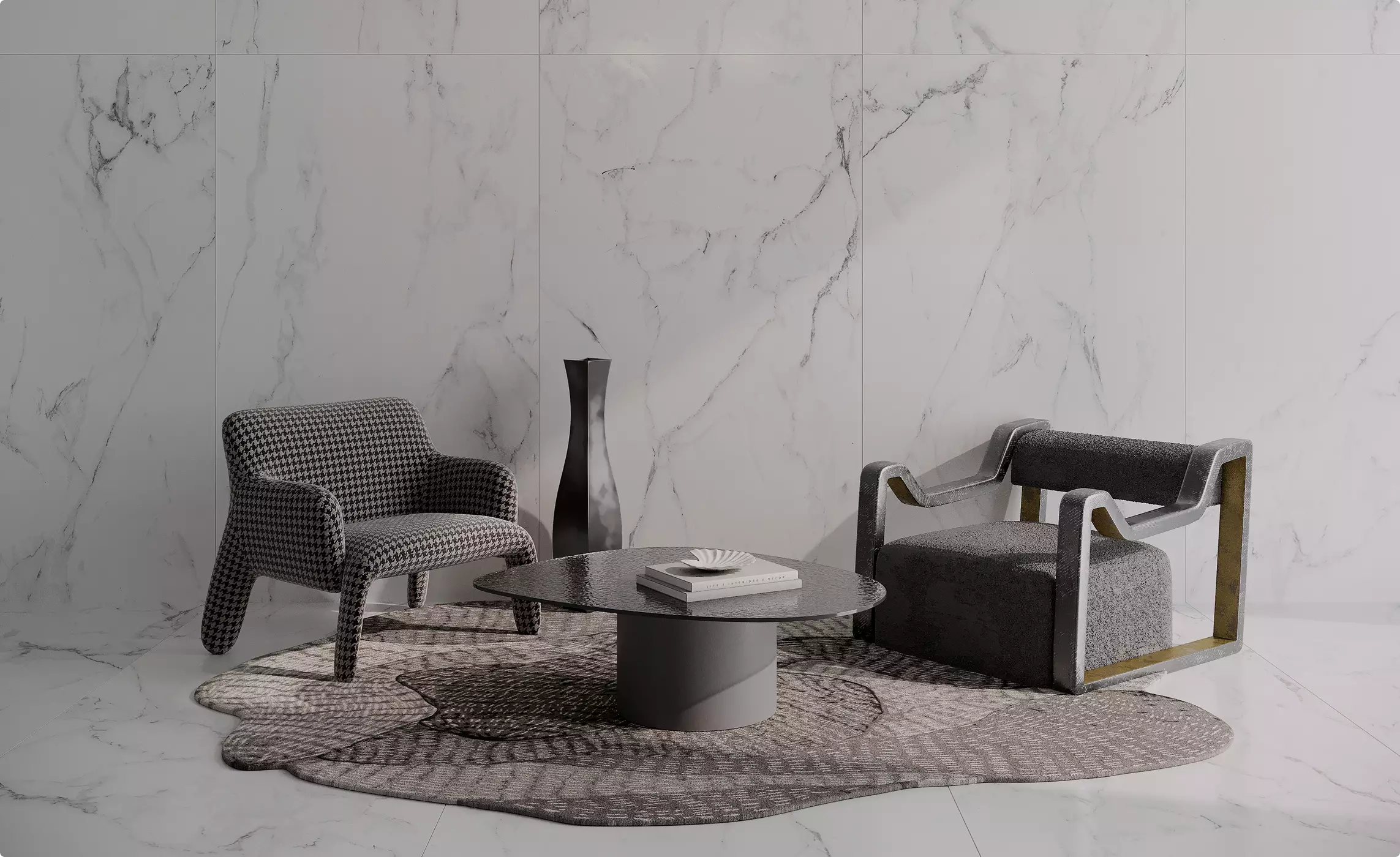 Contemporary designer lounge furniture render with marble surfaces and minimalist luxury aesthetics.