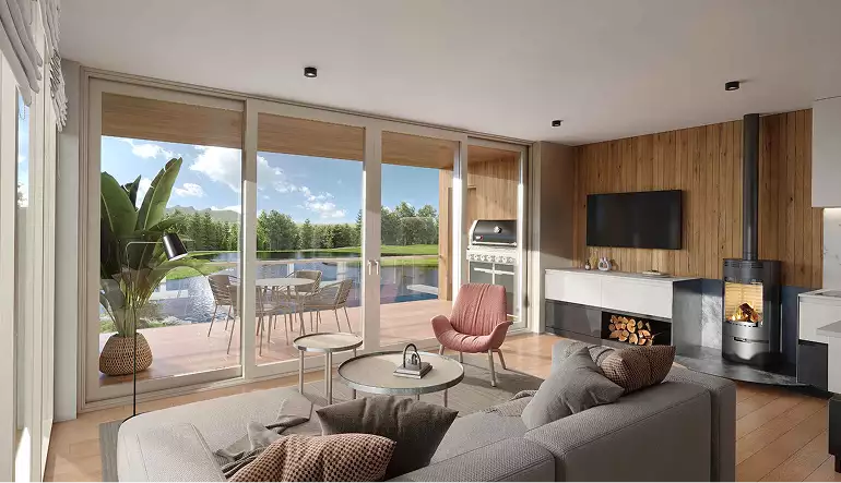 Living room with sofa, fireplace, and large windows to patio, exterior vs interior rendering