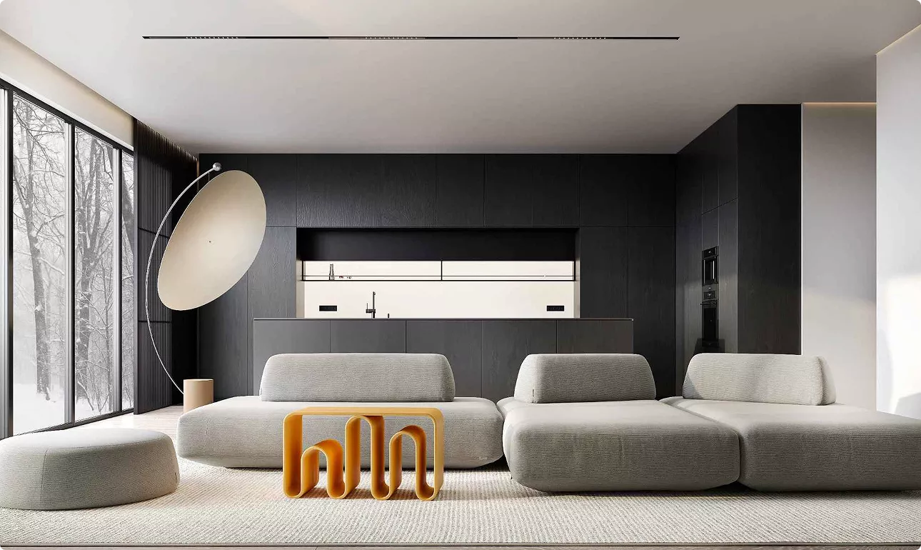 Furniture Rendering of modern living room with modular sofas and black kitchen