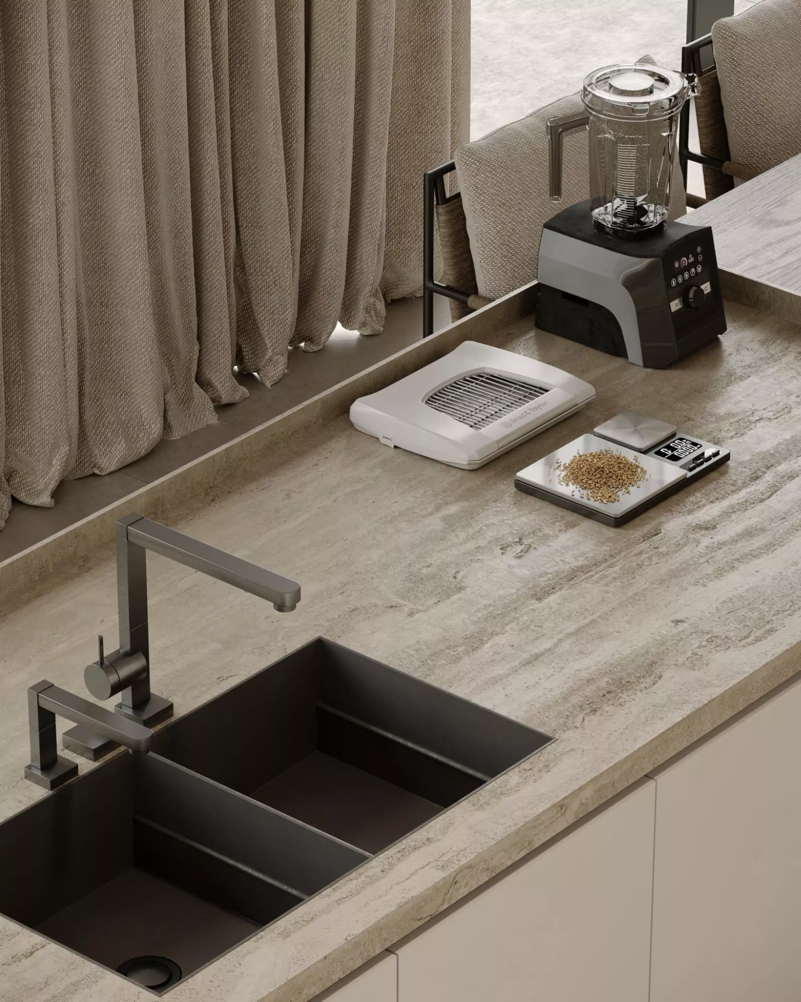Kitchen countertop render with matte black sink, stone surface, and appliance setup