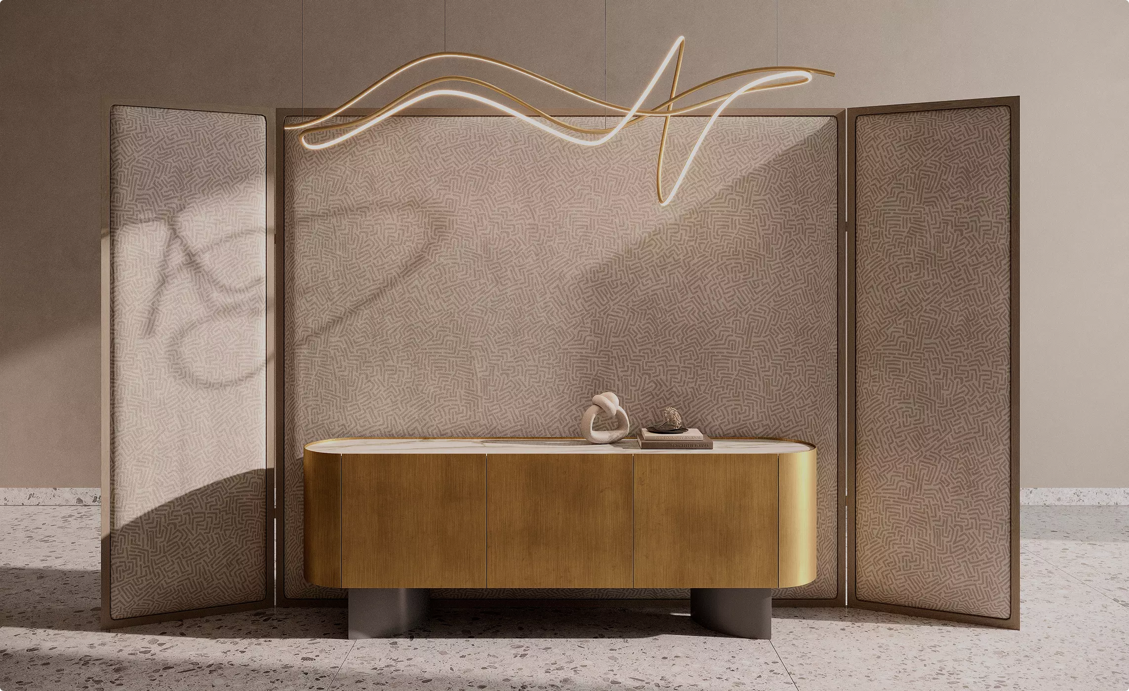 Elegant luxury console table CGI with decorative lighting and sophisticated contemporary interior styling.